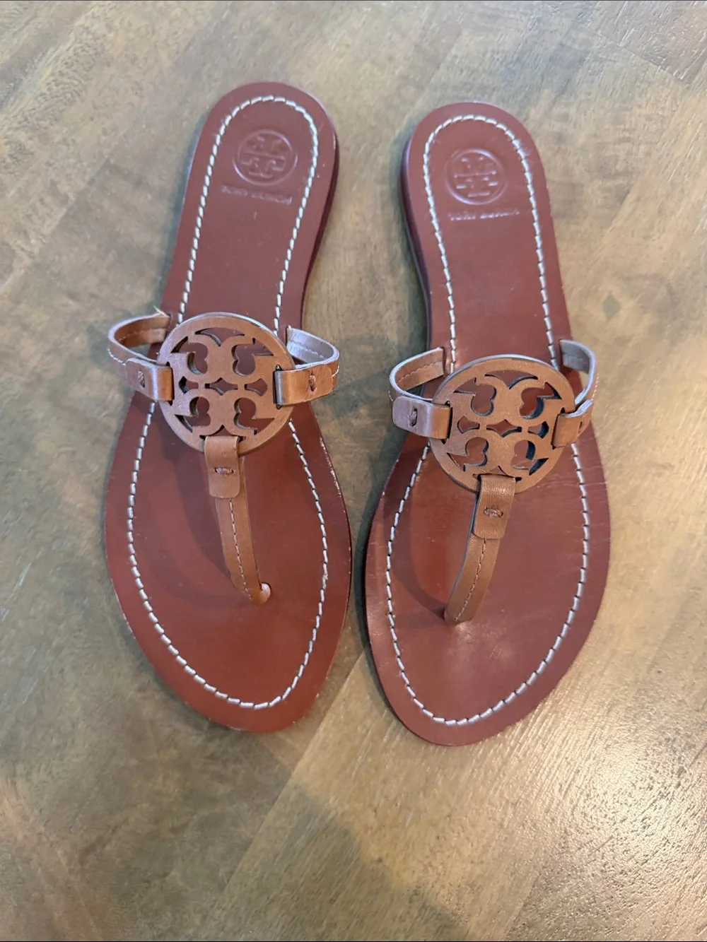 Tory Burch Brown Leather Miller Logo Thong Sandals